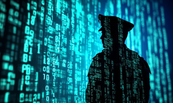 police officer silhouette against digital background symbolizes protection