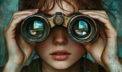 Portrait of young female looking through binoculars