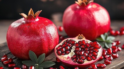 Two Ripe Pomegranates with Seeds and Greenery