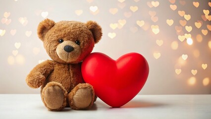Obraz premium Adorable Brown Teddy Bear Holding Red Heart, Valentine's Day Stock Photo