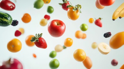 Different fresh fruits and vegetables in air on white background © Chandlerlikes