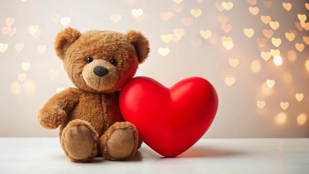 Adorable Brown Teddy Bear Holding Red Heart, Valentine's Day Stock Photo
