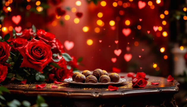 Chocolate candies, red roses with glowing hearts and lights on red romantic Saint Valentine's Day love background