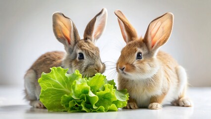 Obraz premium Adorable Bunnies with Green Leaf - Cute Spring Stock Photo
