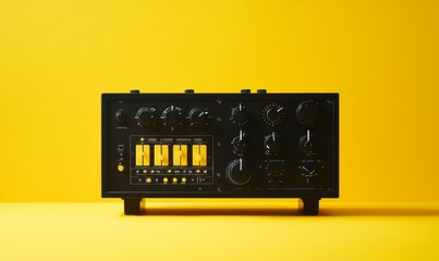 Prominent sound amplification device on vivid yellow background.