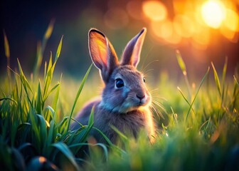 Adorable Bunny Rabbit Hiding in Tall Grass at Dusk - Low Light Photography