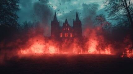 Dark Castle Surrounded By Fire And Birds