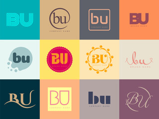 BU logo company template. Letter b and u logotype. Set different classic serif lettering and modern bold text with design elements. Initial font typography.