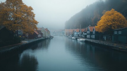 Fototapeta premium Autumnal Fog Envelops Canal Side Houses and Boats
