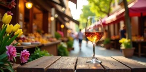 A glass of sherry wine on a wooden table amidst vibrant April fair stalls in Seville, surrounded by colorful flowers and greenery, decor, seville, flowers