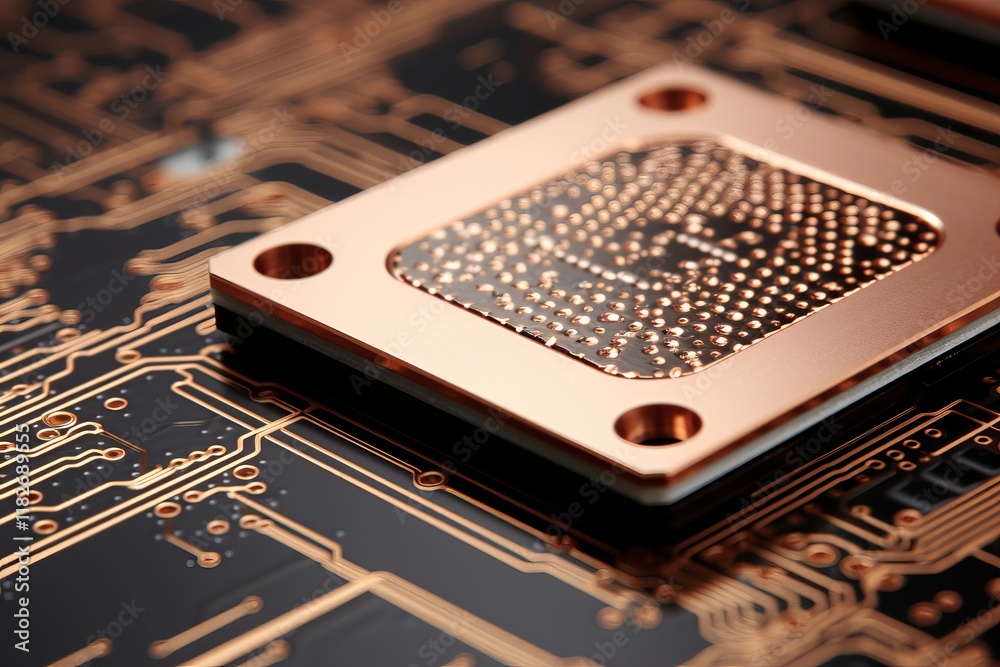 Poster exploring the intricate details of a modern microprocessor circuit board. generative ai