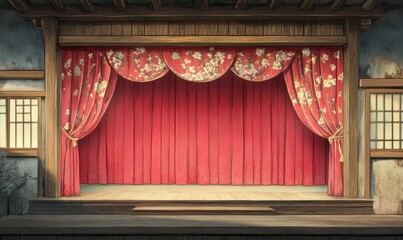 Red curtain hangs in front of a stage. The stage is empty and the curtain is drawn