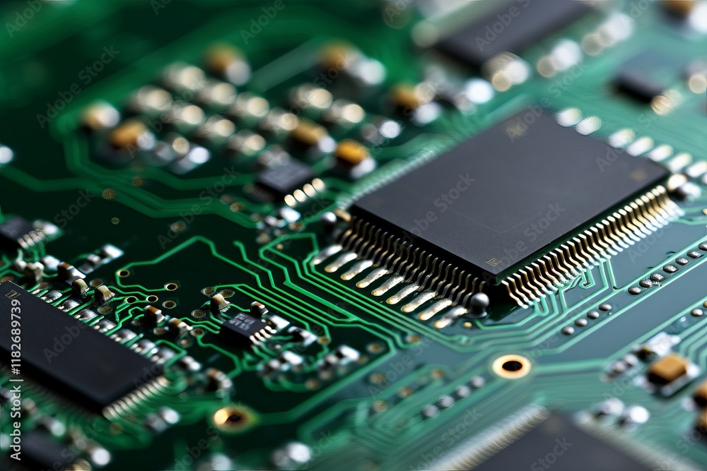 Poster intricate details of a microchip circuit board under soft lighting. generative ai