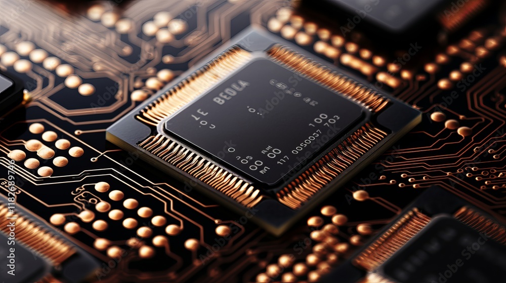 Poster exploring the intricate design of a modern microprocessor on a printed circuit board. generative ai