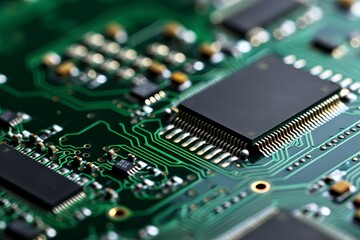 Intricate details of a microchip circuit board under soft lighting. Generative AI