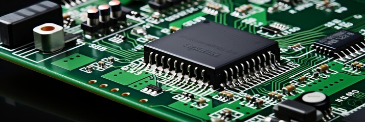 Exploring the intricate details of a printed circuit board in electronic design. Generative AI