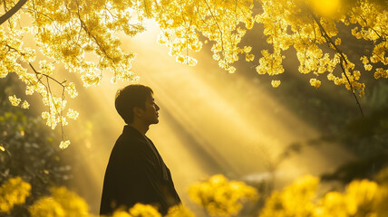 朝日の光芒が差し込む林でミモザに囲まれる30代日本人男性