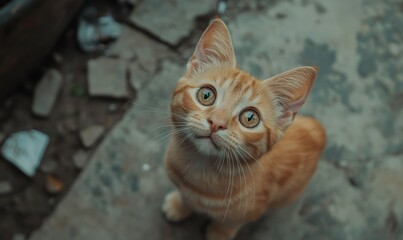 Inquisitive and friendly feline looking up at the camera.