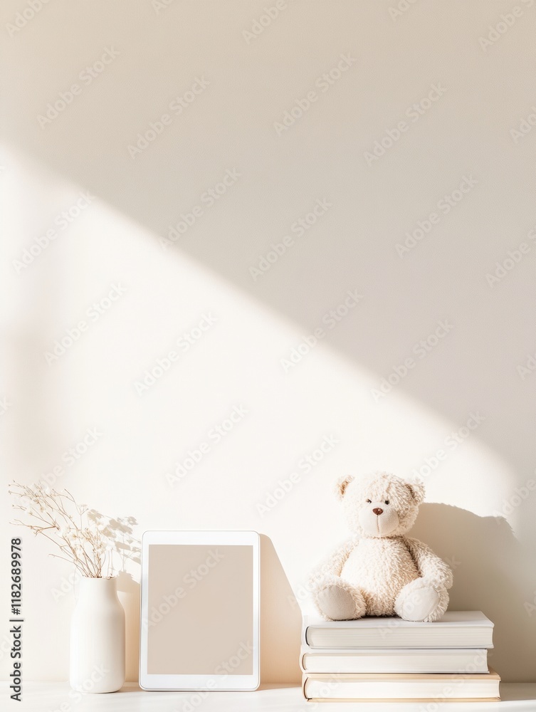 Poster Minimalist Study Setup with Tablet and Bear in Soft Light