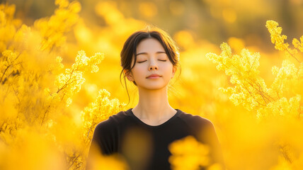 満開のミモザを背景に瞑想する30代日本人女性、ヨガウェアと静寂の柔らかな光