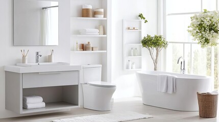 Fototapeta premium All-white bathroom with subtle gray accents and recessed shelving