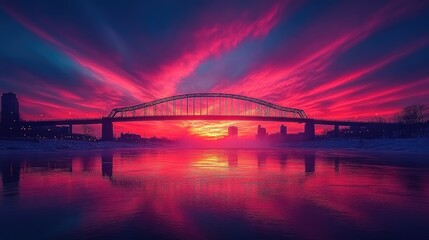 Fototapeta premium Vibrant Sunset Over City Bridge and River Reflection