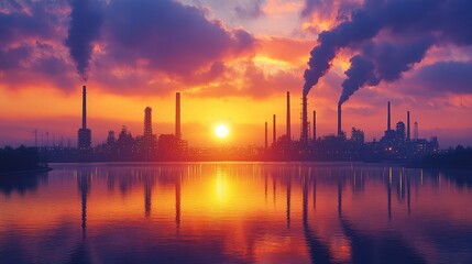 Fototapeta premium Industrial Sunset Silhouette Reflecting On Calm Water