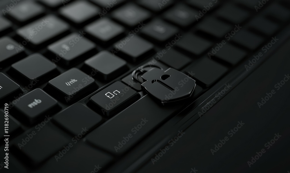 Wall mural keyboard with a key on it. the key is locked and the keyboard is black. concept of security and prot