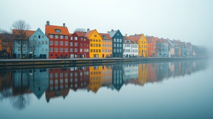 Fototapeta premium Colorful houses reflect in calm canal water on a foggy day