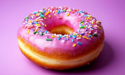 Juicy pink glazed donut with colorful sprinkles on a purple background.