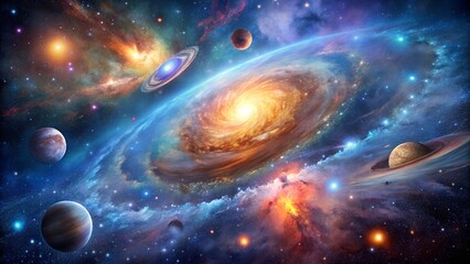 Cosmic Dance: A vibrant nebula swirls around planets and stars, creating a breathtaking spectacle of celestial beauty and cosmic wonder.