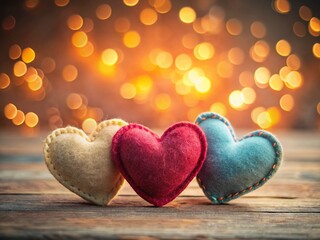 Fototapeta premium Adorable Felt Harts with Bokeh Background - Cute Craft Decorations