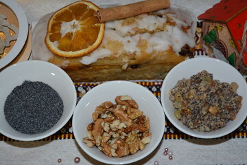 Kutya - wheat porridge with nuts, raisins, honey, poppy seeds. Holy evening