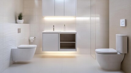 Bright white bathroom with hidden cabinets and touch-sensitive lighting