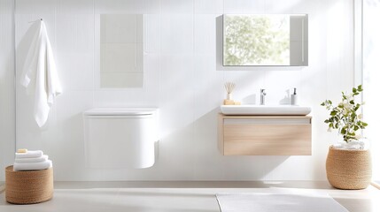 Bright white bathroom with soft wooden tones and clean ceramic finishes