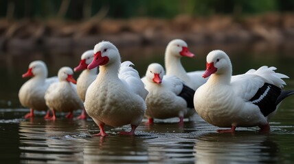 Obraz premium A flock of white ducks with red bills wading in calm water.