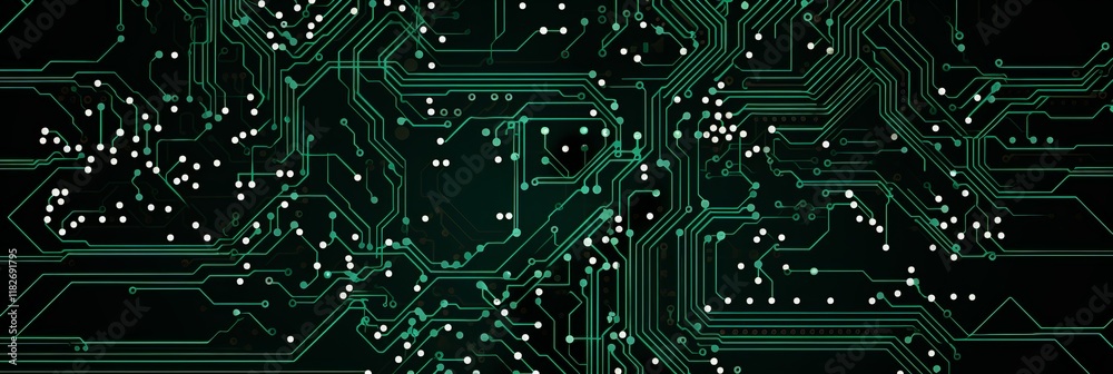 Poster exploring the intricate design of a green circuit board with luminous connections. generative ai