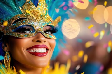 Vibrant Brazil Carnival street parade showcasing dancers in colorful feathered costumes and...