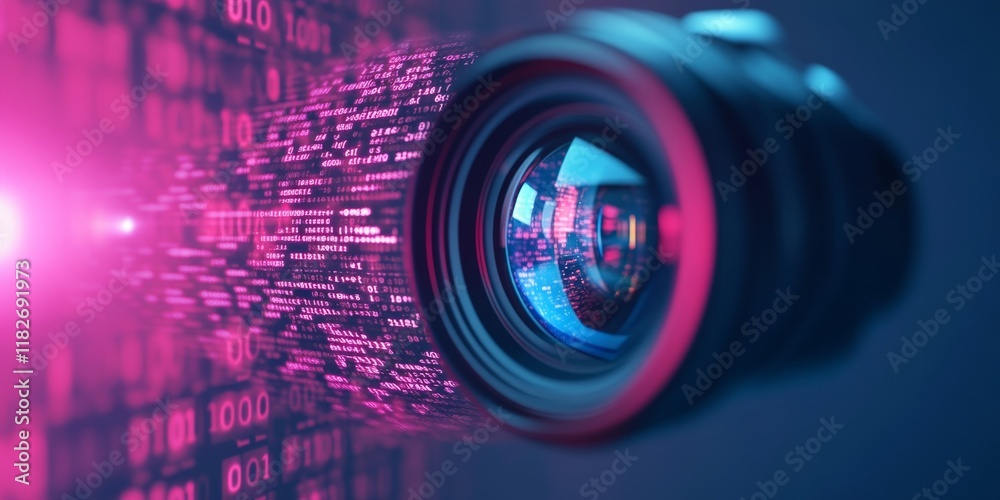 Leinwandbilder Futuristic Camera Lens with Glowing Binary Code and Encryption Symbols in Dim Tech Classroom