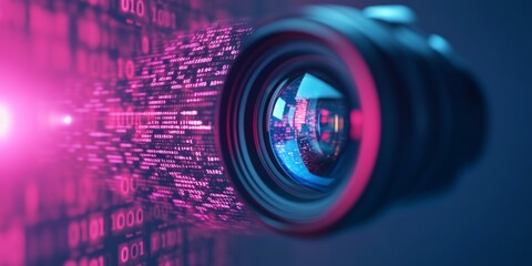 Futuristic Camera Lens with Glowing Binary Code and Encryption Symbols in Dim Tech Classroom