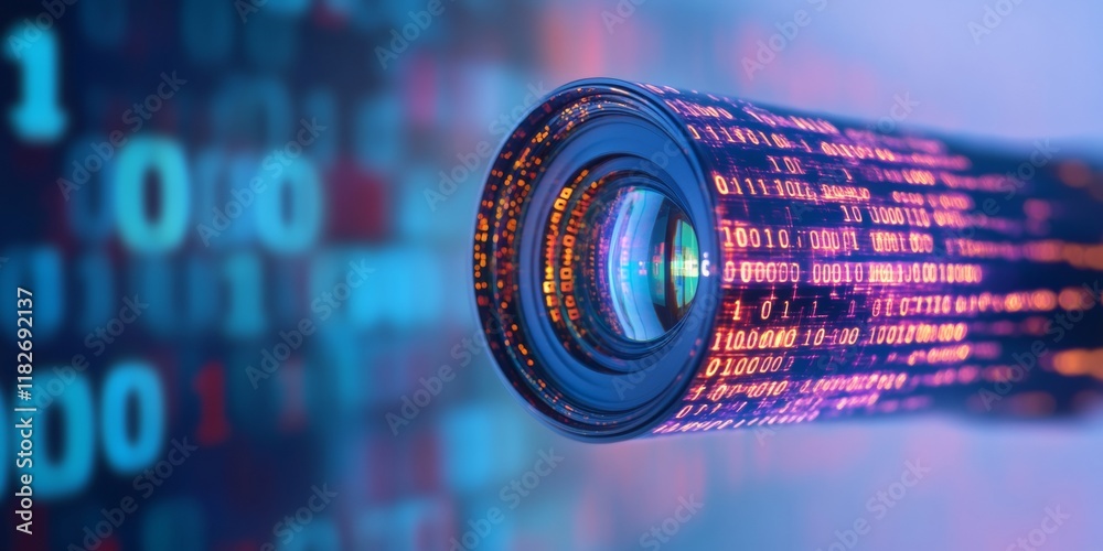 Poster Capturing Cybersecurity Camera Lens Reflecting Digital Encryption in Tech Classroom