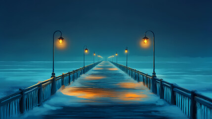 Naklejka premium Dawn illumination on a long pier above the sea, pier, seafront, seaside. Seafrost. Illustration