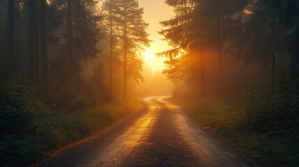 Obraz premium Sunrise Illuminates Misty Forest Road