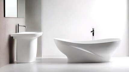 Creative white bathroom with asymmetrical lines and bold chrome fixtures