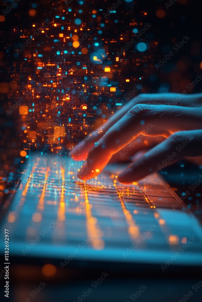 Poster Futuristic Typing Fingers on Keyboard with Digital Holograms
