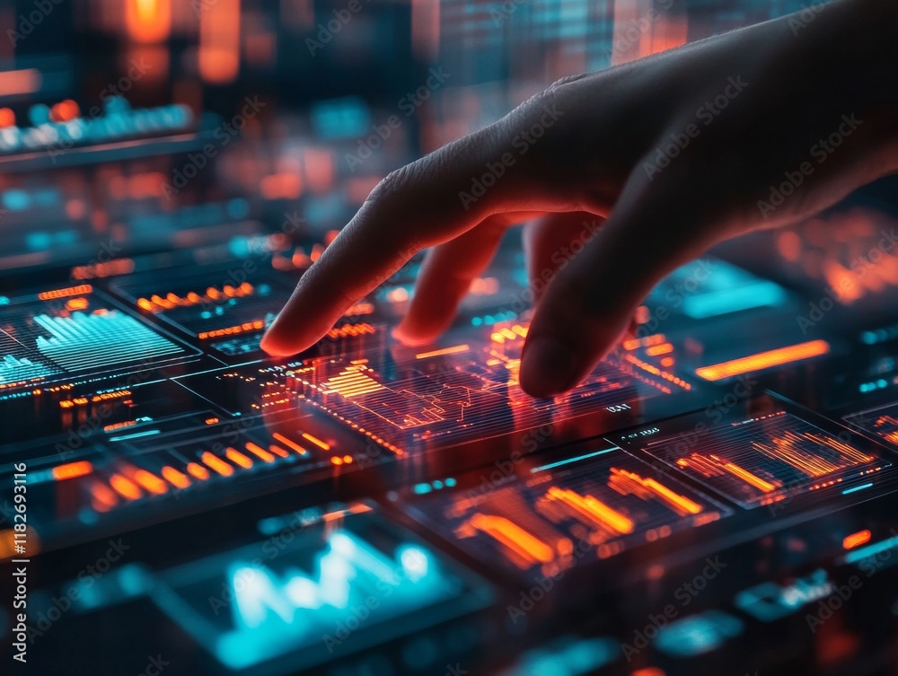 Leinwandbilder interactive holographic data dashboard hand gestures in futuristic digital interface