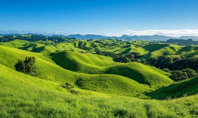 Obraz premium Lush green hillside with a clear blue sky in the background. Concept of tranquility and serenity, as the vast expanse of green grass stretches out as far as the eye can see
