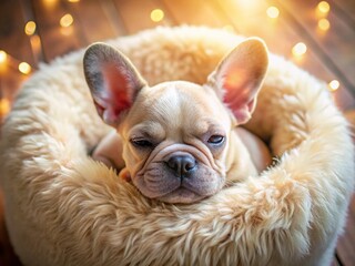 Adorable French Bulldog Puppy Snuggling in Soft Cozy Bed, Aerial View