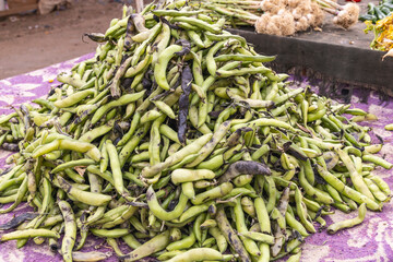 Sidi Bouzid, Tunisia. Fresh bean pods for sale at the outdoor souk in Bir al Haffay.