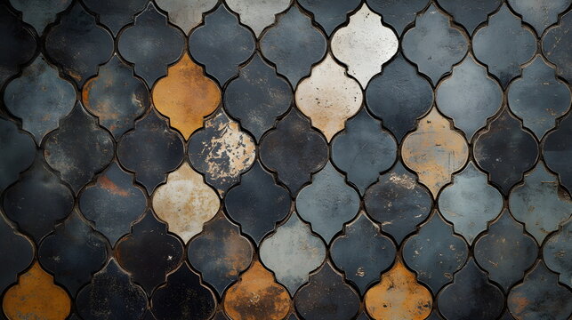 Background of old Moroccan ceramic tiles in dark shades of gray, brown, black	